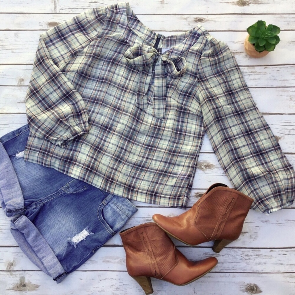 Lola Sheer Blue Cream Plaid Exposed Zipper Blouse